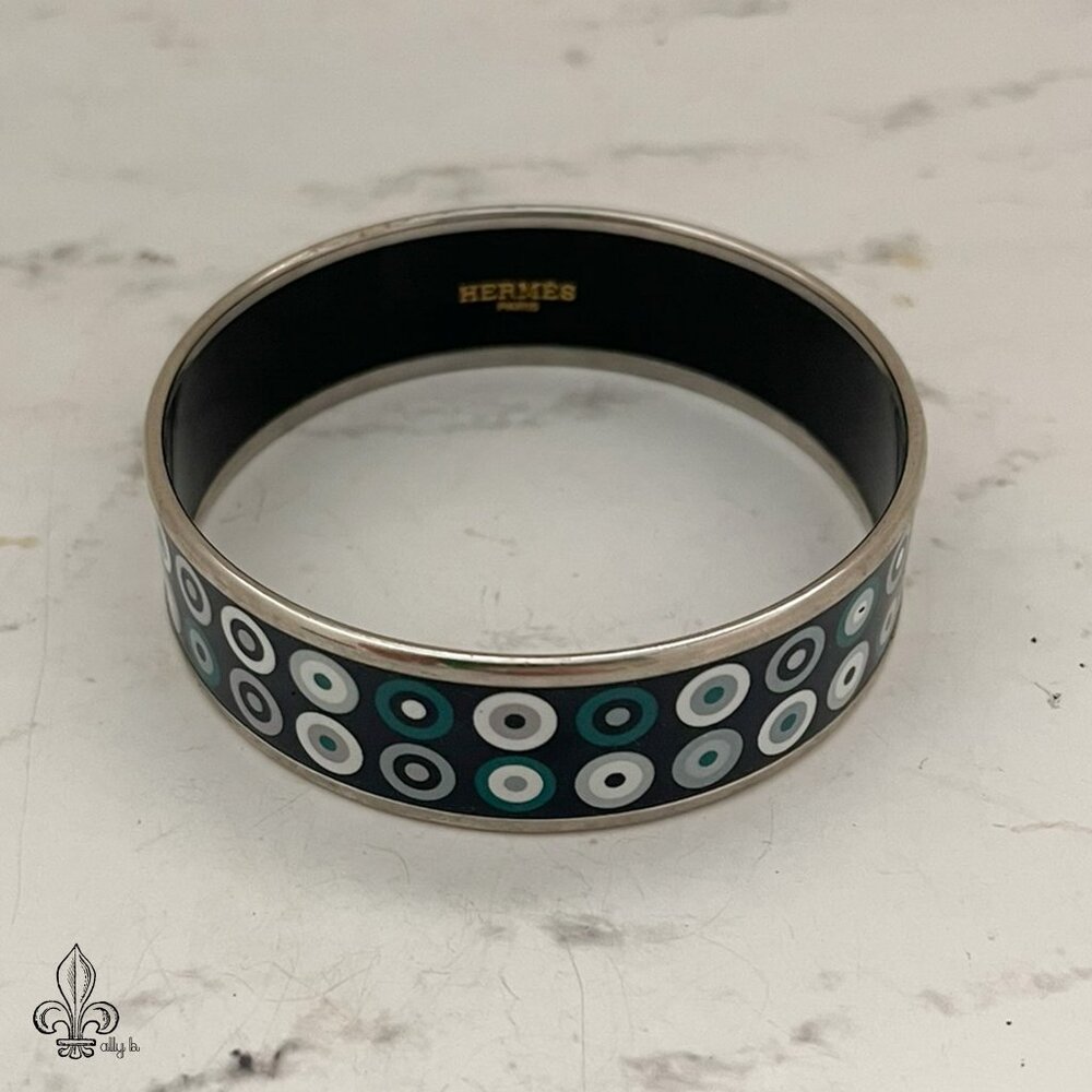 Hermes Black Teal White Circular Pattern Enamel Bangle Bracelet Evil Eye